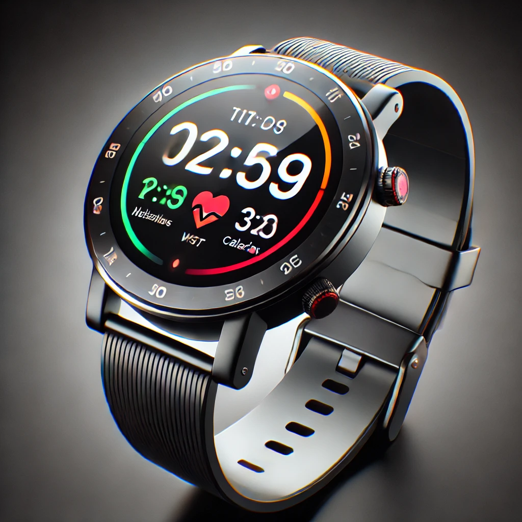 DALL·E 2024-09-10 21.44.14 - A modern smartwatch with a sleek design, featuring a black or silver metallic frame, a large, vibrant touch screen displaying notifications, health tr reloj inteligente con medion de glucosa